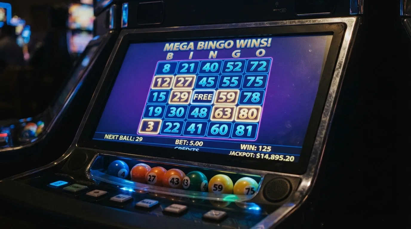 Ekran automatu do gry z kolorową planszą w stylu bingo i podświetlonymi liczbami