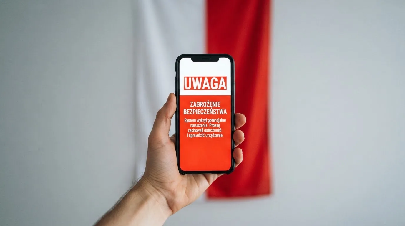 Dłoń trzymająca telefon z widocznym komunikatem ostrzegawczym o legalności hazardu online na tle biało-czerwonej flagi Polski.