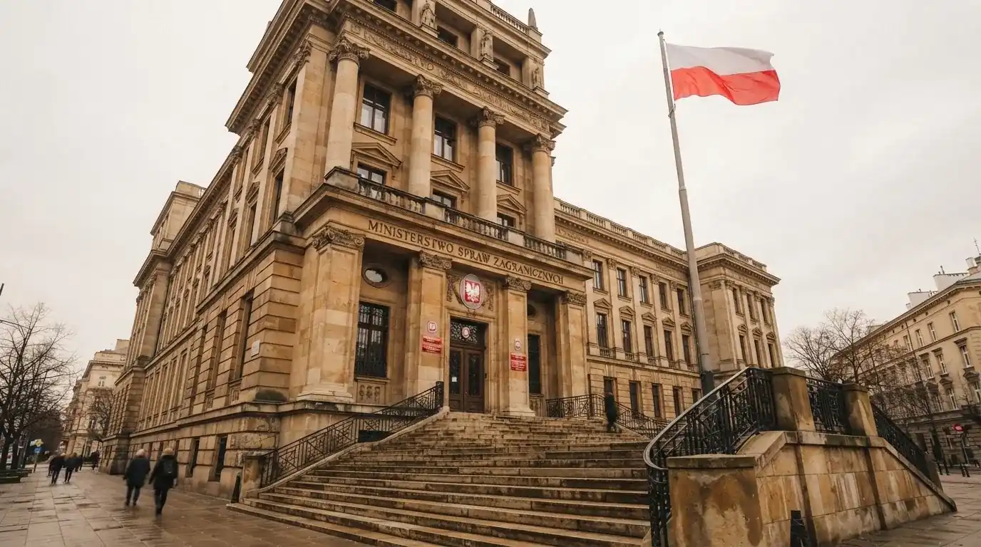Fasada budynku instytucji państwowej z flagą Polski, symbol nadzoru regulatora nad rynkiem gier hazardowych