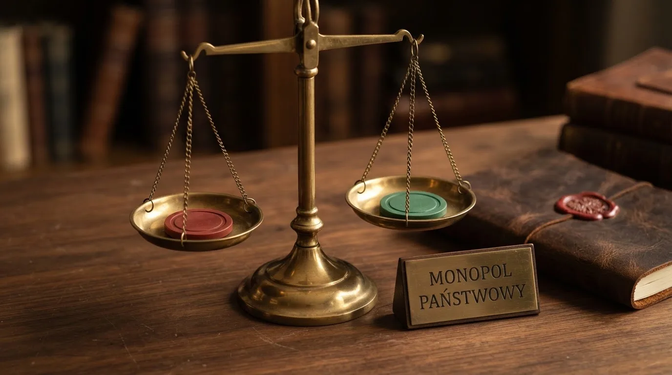 Waga i pieczęć obok napisu o państwowym monopolu na kasyno online