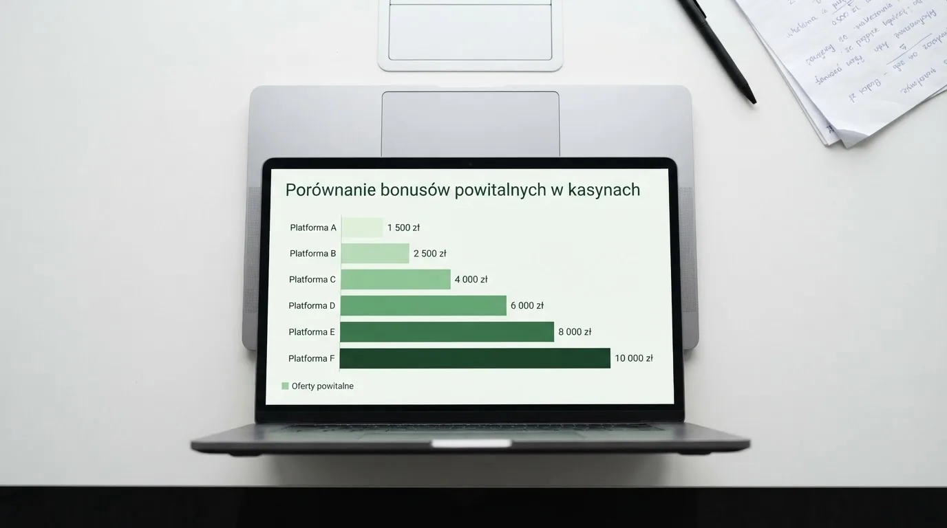 Widok z góry na laptop z otwartą tabelą porównawczą ofert powitalnych kilku serwisów kasynowych