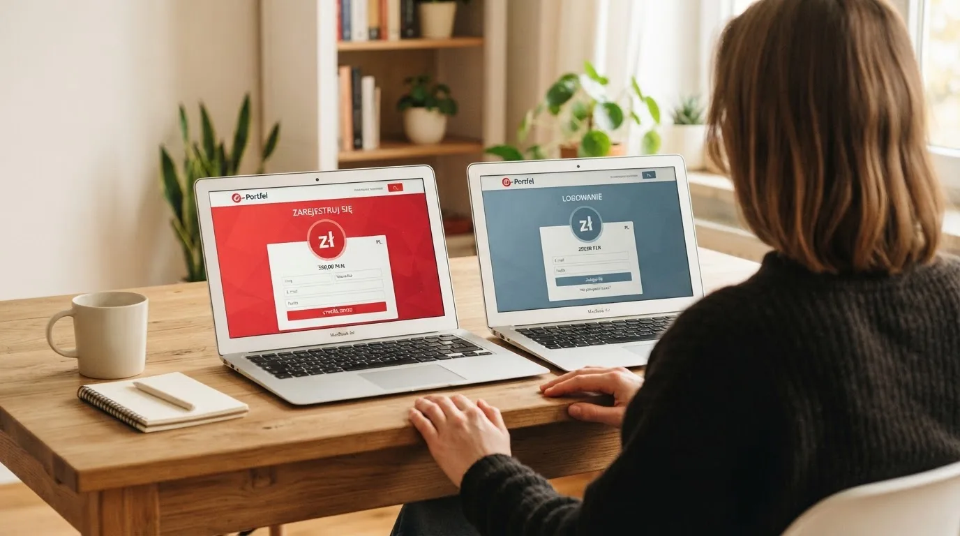 Dwa ekrany logowania kasyna online obok siebie na biurku, jeden z polskim interfejsem złotówkowym, symbolizujące porównanie dwóch różnych serwisów
