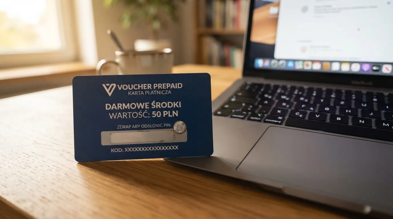 Karta przedpłacona Paysafecard z zasłoniętym polem kodu PIN obok klawiatury laptopa