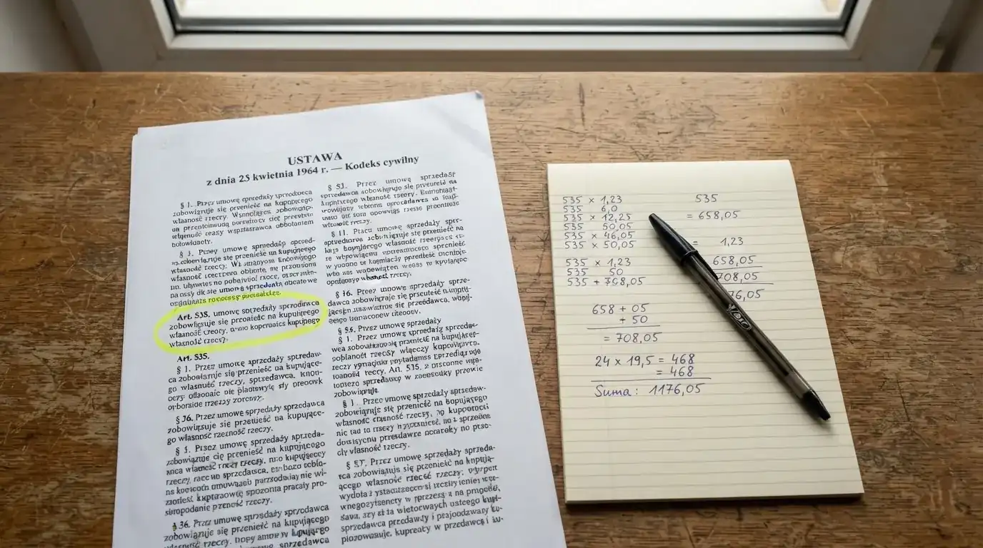 Wydruk kodeksu karnego skarbowego z zakreślonym artykułem obok kalkulatora i długopisu na biurku