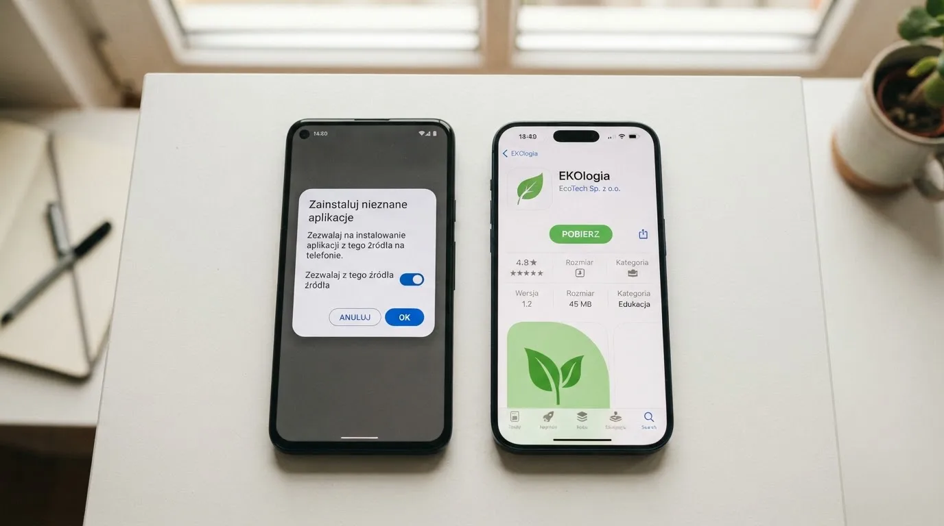 Dwa telefony obok siebie: na jednym komunikat zgody na instalację pliku APK z nieznanego źródła, na drugim strona aplikacji w sklepie z przyciskiem pobierania