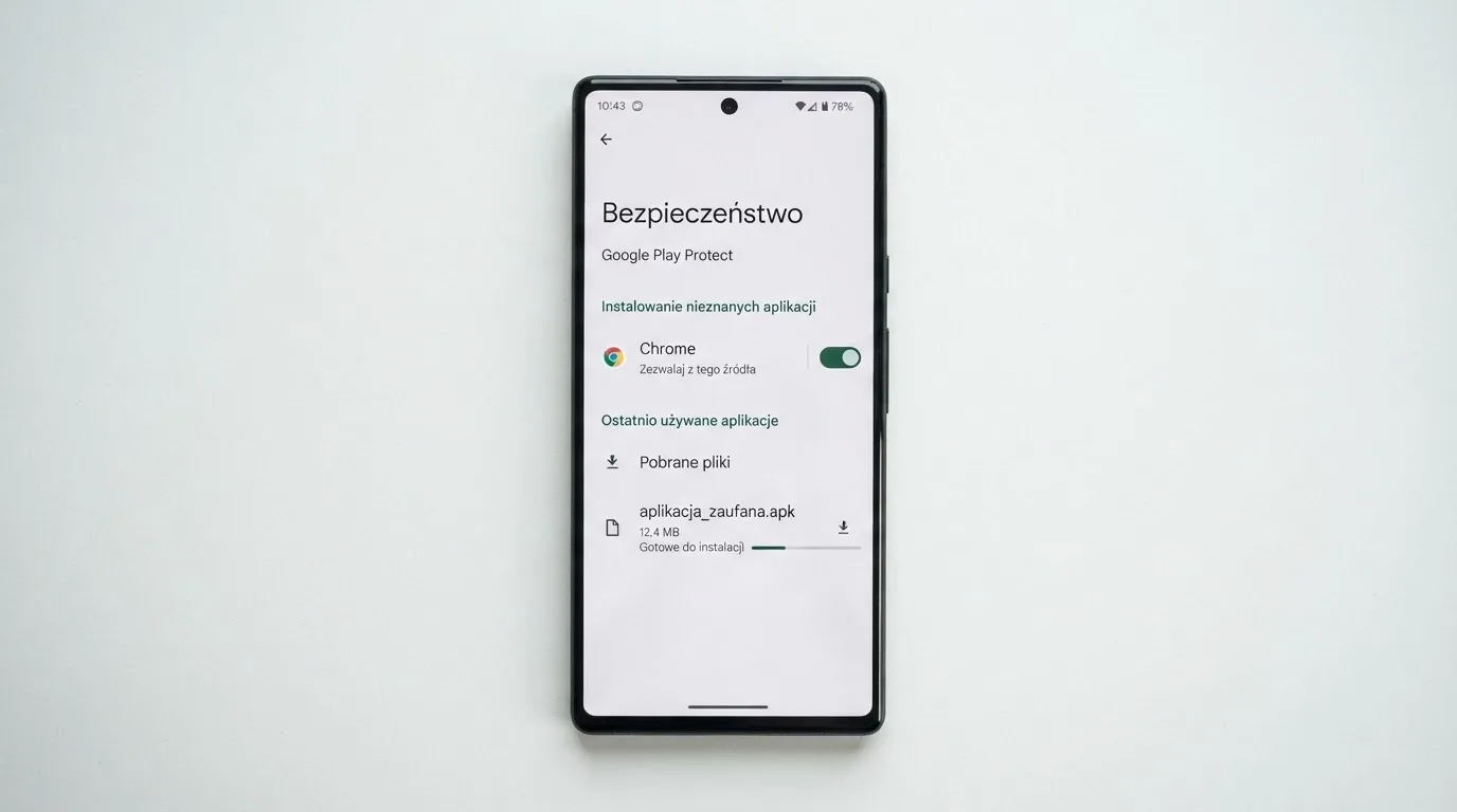 Ekran ustawień Androida z przełącznikiem zgody na instalację aplikacji z nieznanego źródła i pobranym plikiem instalacyjnym na liście