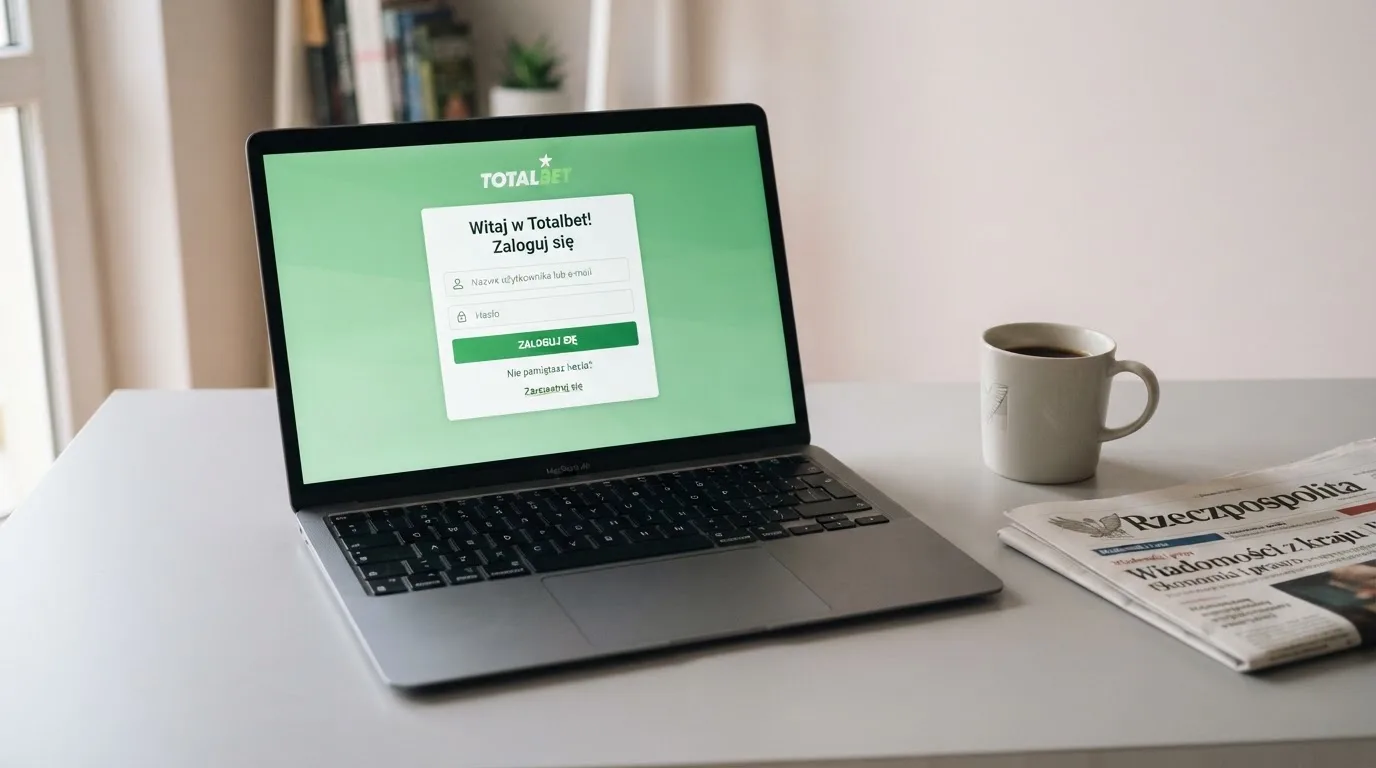 Strona logowania oficjalnej platformy Total Casino na ekranie laptopa, jedynego legalnego kasyna online w Polsce