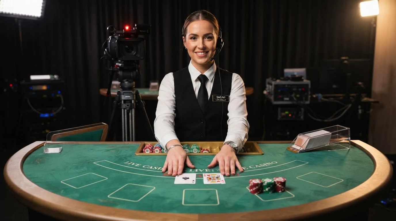 Krupier rozdający karty przy stole blackjacka podczas transmisji na żywo