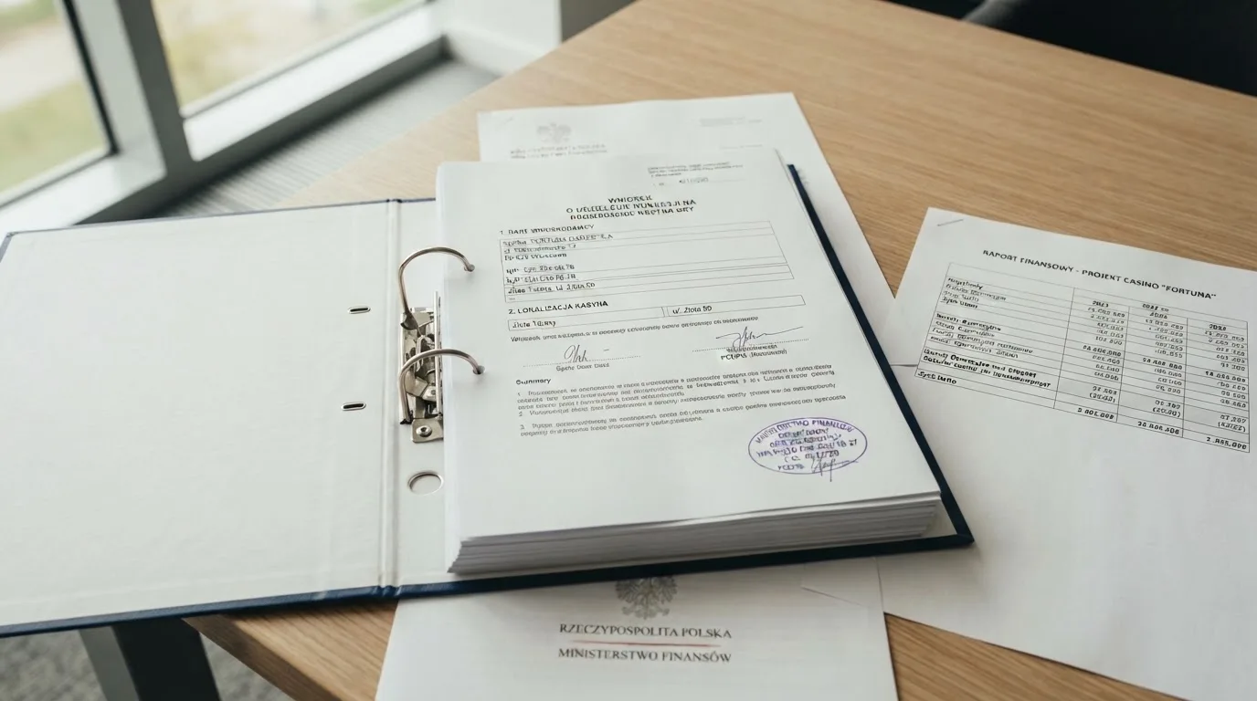 Segregator z wnioskiem o koncesję na kasyno gry, wydrukiem sprawozdania finansowego i urzędową pieczątką leżący na biurku