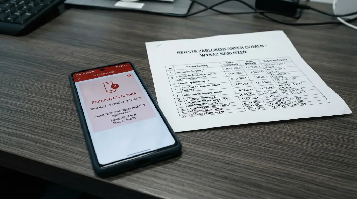 Telefon z komunikatem o odrzuconej płatności na ekranie, obok wydruk tabeli z listą zablokowanych adresów stron