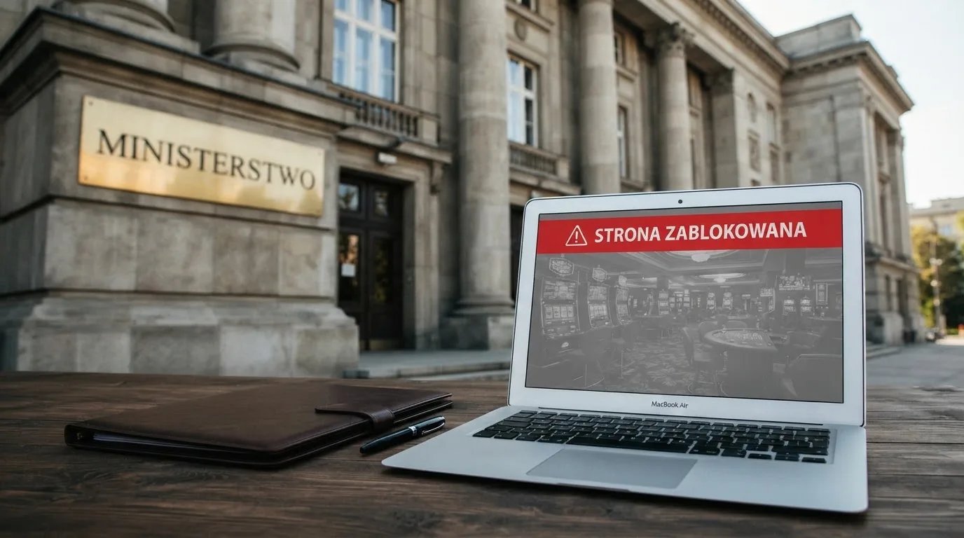 Budynek urzędu z tablicą ministerstwa, na pierwszym planie laptop z komunikatem o zablokowanej stronie kasyna