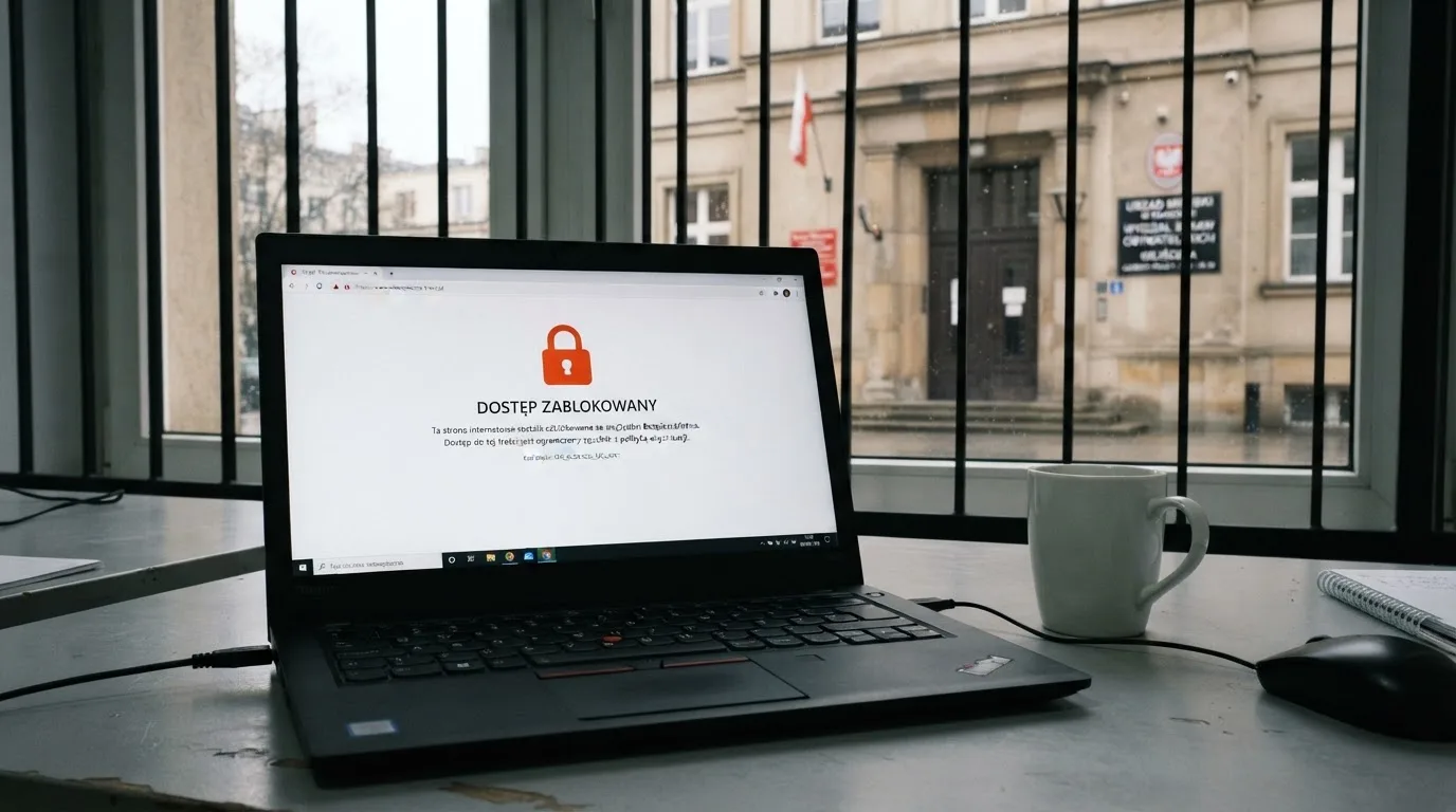Laptop z komunikatem o zablokowanej stronie hazardowej, w tle budynek urzędu z tablicą ministerstwa