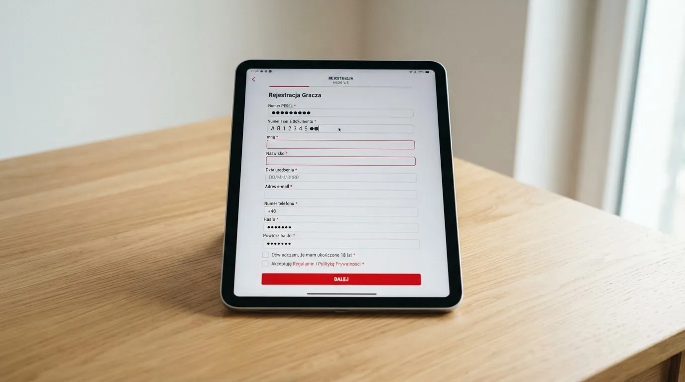 Formularz rejestracji konta gracza z polami na PESEL i numer dokumentu tożsamości na ekranie tabletu