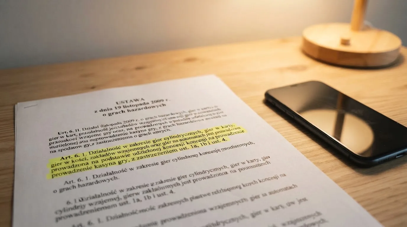Wydruk ustawy o grach hazardowych z zakreślonymi artykułami leżący na biurku obok wyłączonego smartfona