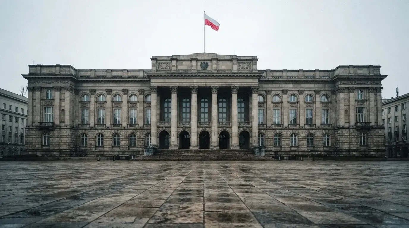Budynek urzędu administracji państwowej z flagą Polski na maszcie w tle