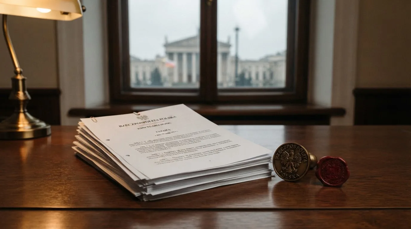 Stos dokumentów urzędowych i pieczęć na biurku, w tle sylwetka budynku administracji publicznej