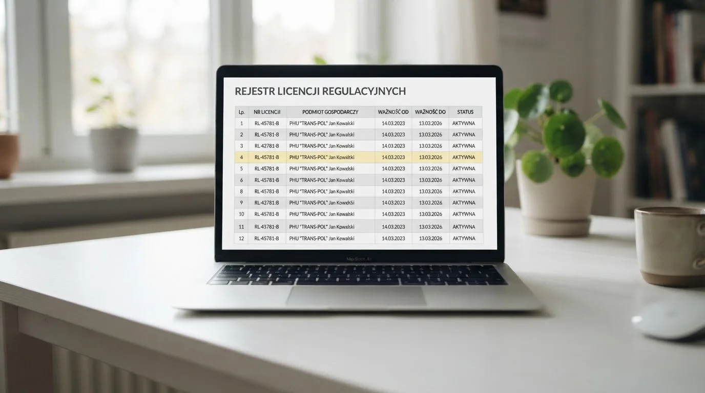 Ekran laptopa z otwartym rejestrem licencji regulatora z Curaçao, w którym jeden wiersz zaznaczono żółtym podświetleniem