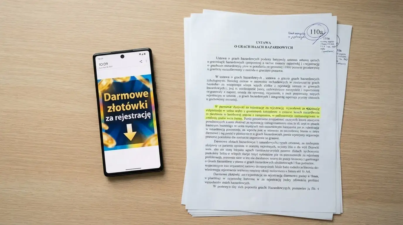 Telefon z banerem obiecującym darmowe złotówki za założenie konta, obok wydrukowany tekst ustawy o grach hazardowych z zaznaczonym artykułem