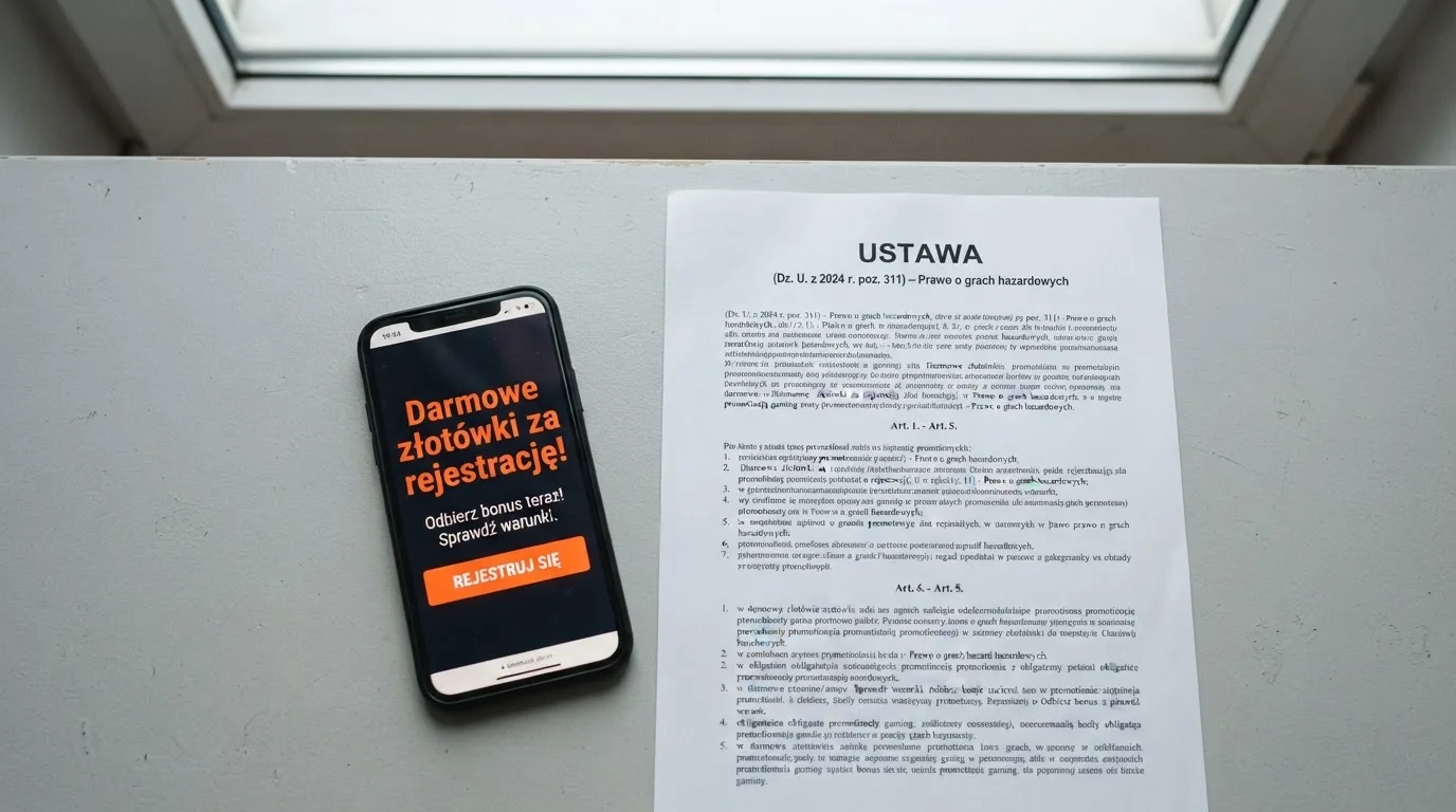 Telefon z wyskakującym banerem obiecującym darmowe złotówki za rejestrację, obok wydruk ustawy o grach hazardowych