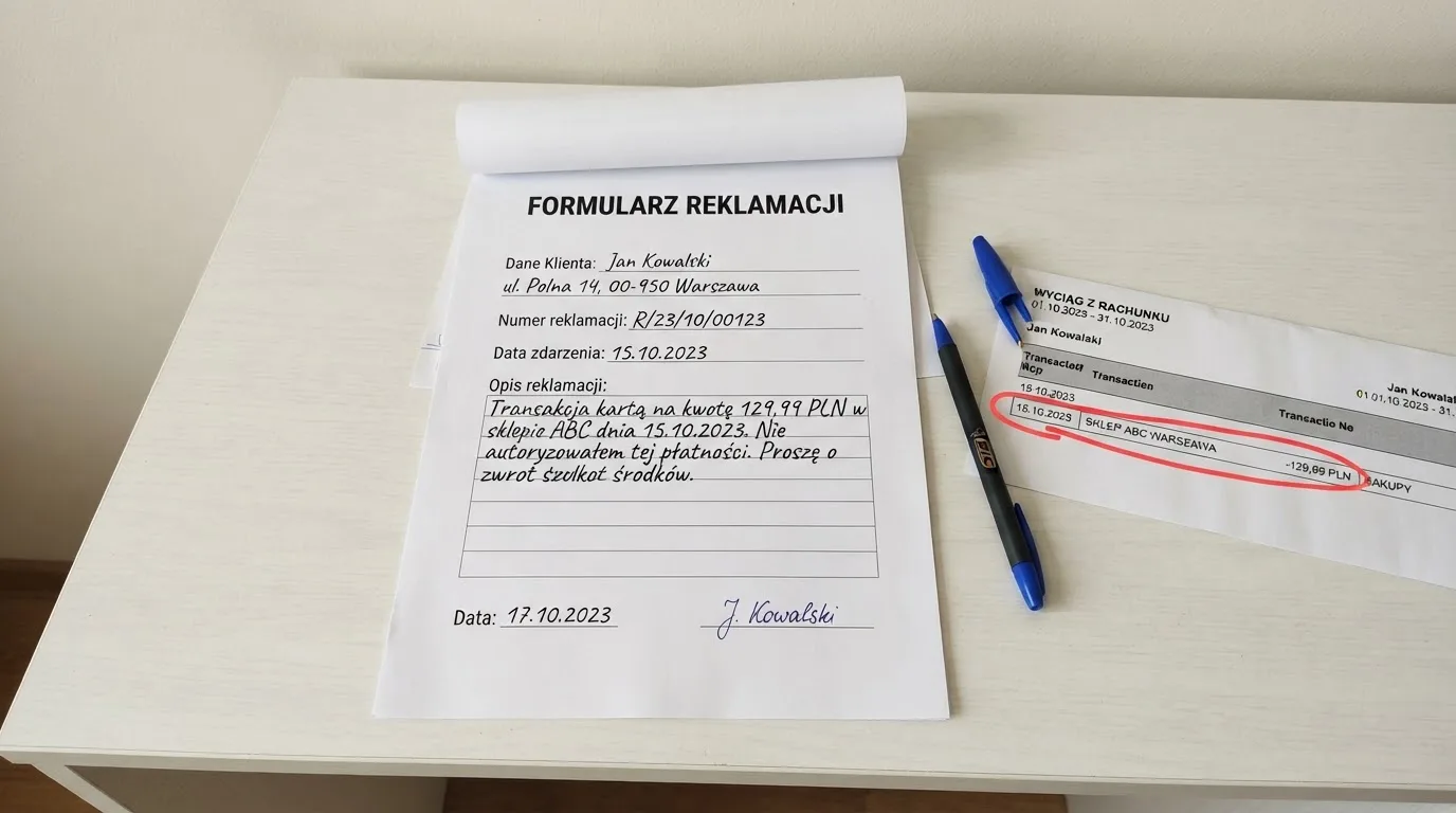 Wydrukowany formularz reklamacji leżący na biurku obok długopisu i wyciągu bankowego z zakreśloną pozycją
