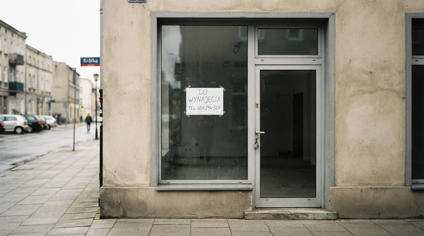 Pusty, zamknięty lokal handlowy z tabliczką „do wynajęcia”, symbolizujący brak działających salonów gry bingo pieniężne